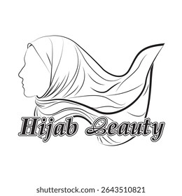 Logo en blanco y negro con el perfil de una mujer en hijab, líneas fluidas y las palabras "Hijab Beauty" en una fuente clásica.