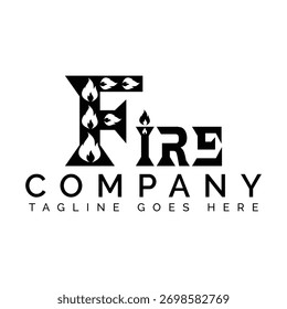 Ein schwarz-weißes Logo mit dem Wort FEUER mit stilisierten Flammen, die in die Buchstaben integriert sind