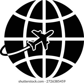 Black and white logo of a globe with an airplane flying around it