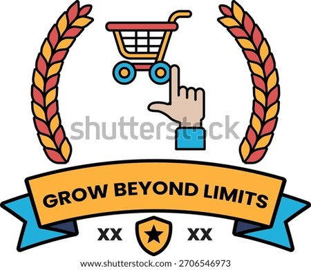 A black and white logo for Grow Beyond Limits. The logo features a hand pointing to a shopping cart, which is surrounded by a wreath of wheat. The logo conveys the idea of growth and abundance