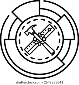 A black and white logo with a hammer and a ruler. The logo is circular and has a spiral design. The logo represents the idea of precision and accuracy in construction work