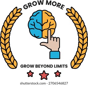 Logotipo en blanco y negro con una mano que apunta a un cerebro. El logo se titula Grow More y pretende representar la idea de crecimiento y aprendizaje