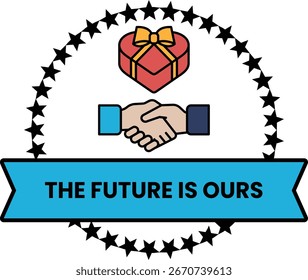 A black and white logo with a heart and two hands shaking. The logo says "The future is ours"