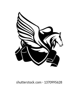 Black and white logo of a horse face placed inside a shield along with a label. This logo can be used as a symbol of houses in a school.
