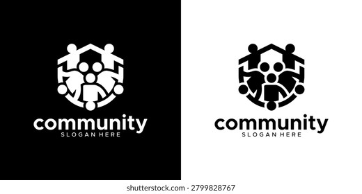 A black and white logo illustrating a group of stylized people forming a circle within a house or shield shape, symbolizing community, unity, and connection.