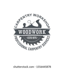 Black and white logo illustration of a carpenter workshop. Vector illustration of a planer, circular saw and text with banner.