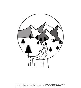 black and white logo illustration image about nature, forest, mountains, and forest in a circle