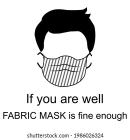 Black and white logo isolated on white background. A man is wearing a fabric mask to prevent dust, germs and illness. An announcements for public places such as restaurants, schools, airports and etc 