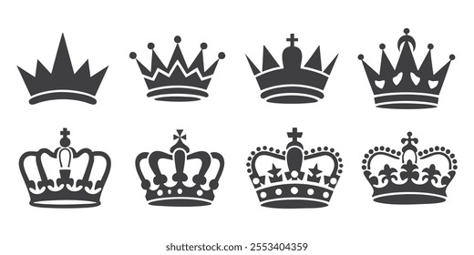 Black and white Logo of King Crown icon set Silhouette, vector on isolated white background.