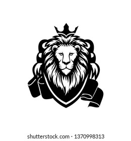 Black and white logo of a lion face placed inside a shield along with a label. This logo can be used as a symbol of houses in a school.