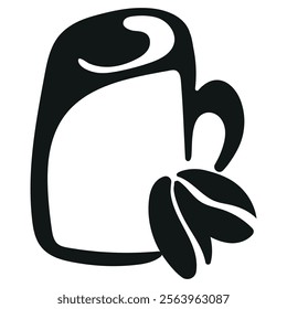 black and white logo of a long cup with coffee and coffee beans next to it drawn with an original and unusual outline