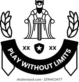 A black and white logo with a man in a crown and a sword. The logo says Play Without Limits