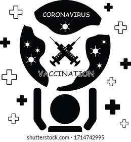 A black and white logo of a man holding syringes inside a globe, represents a discovery of coronavirus vaccine which help cure the world.