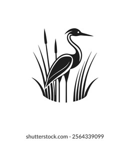  black and white logo minimalist heron silhouette, brids, wildlife, art, on white background