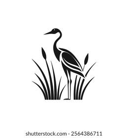 black and white logo minimalist heron silhouette, brid, nature on white background