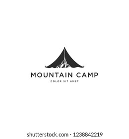 black and white logo with mountain and tent as the main concept