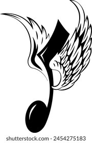 A black and white logo with Musical Notes and wings, vector illustration