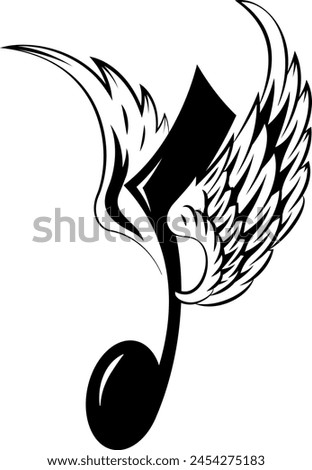 A black and white logo with Musical Notes and wings, vector illustration