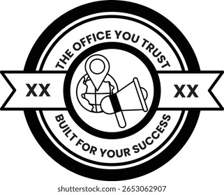 A black and white logo for the Office You Trust. The logo features a globe and a microphone, and the text "The Office You Trust" is written in white. The logo conveys a sense of professionalism