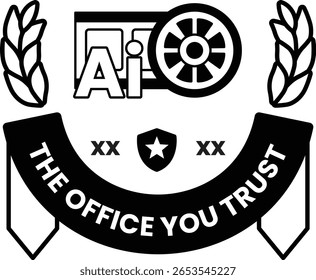 A black and white logo for the Office You Trust. The logo features a wheel with a star and a shield