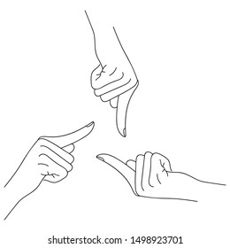 Black and white logo on white background, three hands pointing at each other. Hand with index finger. Sketch hand, the Index Finger, pointing finger.