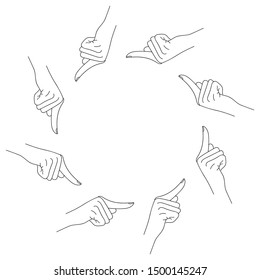 Black and white logo on white background, eight hands pointing at each other. Hand with index finger. Sketch hand, the Index Finger, pointing finger.