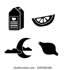 black and white logo: package with juice, lemon, lemon slice, moon. Simple vector illustration