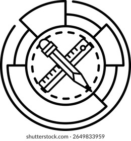 Um logotipo preto e branco com um lápis e uma régua sobre ele. O lápis e a régua são cruzados um sobre o outro e o logotipo é circular