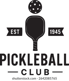 A black and white logo for a pickleball club established in 1945, featuring a paddle and ball.