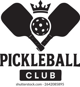A black and white logo for a pickleball club, featuring paddles, a ball with holes, and a crown.