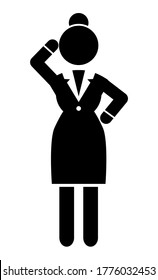 Black and white logo or portrait with businesswoman wearing office dress. Web icon, isolated female in office suit, keep dresscode. Thoughtful business lady, gesture hand, touch head. Vector avatar