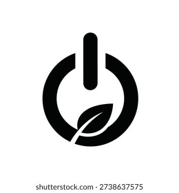 Black and white logo of a power button with a leaf inside the circle on white background, symbolizing eco-friendly energy