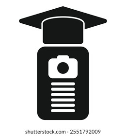 Black and white logo representing a photography school with a smartphone, a graduation hat and a camera