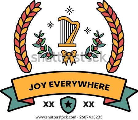 A black and white logo with a ribbon that says "joy everywhere". The ribbon is decorated with leaves and a harp