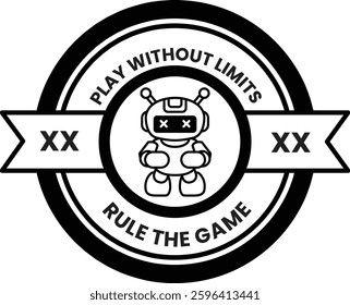 A black and white logo of a robot with the words play without limits rule the game. The robot is holding a controller and has a black and white design