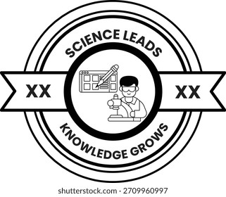 Um logotipo preto e branco para a Science Leads. O logotipo apresenta um homem com um lápis e uma régua, e as palavras Conhecimento Cresce