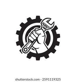 black and white logo of service gear icon design with hand grab a wrench