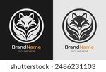Black and white logo showcasing a fox head in a shield. Symbol of bravery and toughness, perfect for various branding needs