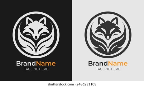 Logotipo en blanco y negro que muestra una cabeza de zorro en un escudo. Símbolo de valentía y dureza, perfecto para varias necesidades de marca