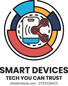 Un logotipo en blanco y negro para dispositivos inteligentes que dice que la tecnología es de confianza. El logotipo presenta un teléfono y una tableta con un círculo a su alrededor