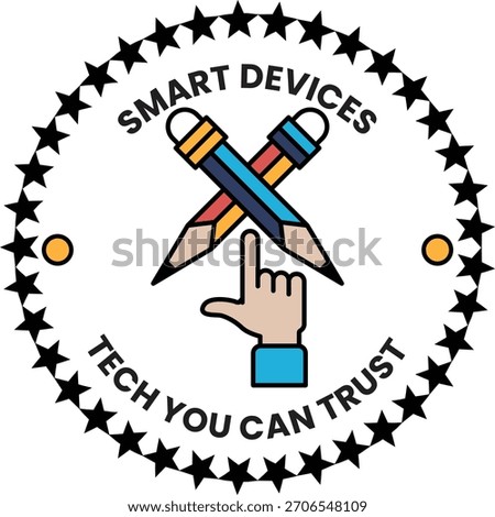 A black and white logo for smart devices that says tech you can trust. The logo features a hand pointing to a pair of pencils, which are crossed over each other. The logo is surrounded by stars