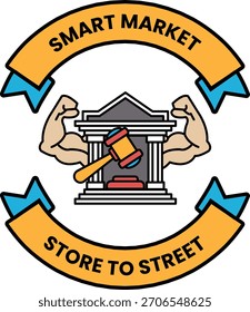 Un logo en blanco y negro para una tienda llamada Smart Market. El logotipo presenta un martillo y un mazo, que son símbolos de la justicia y la ley. El logotipo también cuenta con un edificio