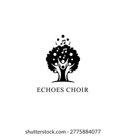 Black and white logo of a stylized tree made from singing figures and music notes. Conveying choir identity, community, vocal harmony, creative arts branding and musical education or performance.
