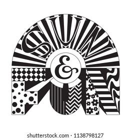 Black and white logo Sun and Fun against the background of the sun and rays, and also with voluminous letters, decorated with various ornaments on a claret background - perfect for posters, postcards,