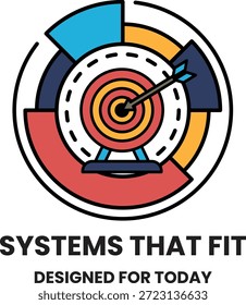 Logotipo en blanco y negro de Systems That Fit. Diseñado para hoy. Un objetivo con una flecha está en el centro del logotipo