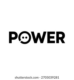Poder del texto del logotipo en blanco y negro con un estilo estilizado o que se asemeja a una cara sonriente simple