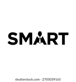 Black and white logo text smart with a stylized businessman silhouette replacing the letter a