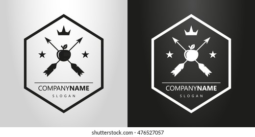 black and white logo with two arrows hit the apple with stars and crowns
