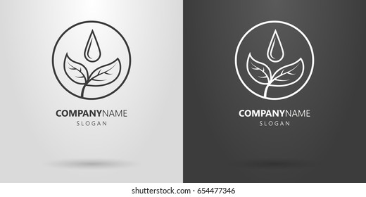 Black and white logo of two leaves and drops of water