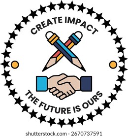 Ein schwarz-weißes Logo mit zwei Bleistiften und einem Handschlag. Das Logo steht für "create impact" und "the future is our".